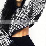Wholesale Vendor Long Sleeve Crew Neck Plaid Print Loose Casual Fit Crop Top for Women thumbnail-1