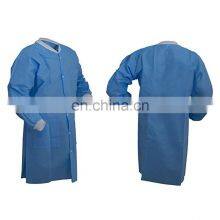 Chinese Factory Cheap Non woven SMS Blue Disposable Lab Coats with Knitted Cuffs Buttons 3 Pockets