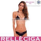 2016 RELLECIGA Navy Blue Triangle Top With Rhombic Goldtone Metal on Straps and Bottom Front Bikini