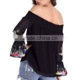 2016 New Fashion Slash Neck Shirts Women Long Sleeve Chiffon Blouses Strapless Embroidered Print Blusa Feminina thumbnail-2