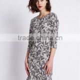 3/4 Sleeve Bird Print Jacquard Tunic Dress