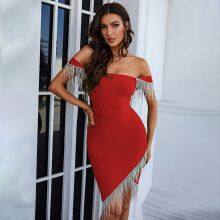 One-line Neck Wrap Breast Skirt Halter Tight Skirt Club Fringed Slit Dress thumbnail-4