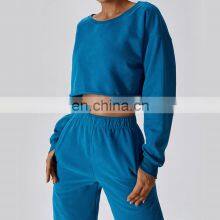 Long Sleeve Loose Pullover Hoodies Custom Logo Womens Oversize Crop Tops Sweaters 86rayon 14spandex thumbnail-3