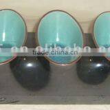 Set of 3 Blue Oval Ceramic Tapas Bowls With Wooden Tray thumbnail-1