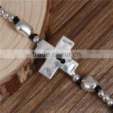Wax Rope Hand Made Beaded Bracelets Antique Silver Black Cross Round 21cm Long thumbnail-2