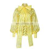 TWOTWINSTYLE Striped Bow Collar Lantern Sleeve Loose Lace Up Women's Shirts 2020 thumbnail-4