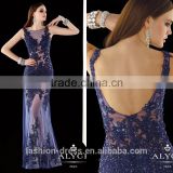 Sexy Low Back Beaded See Through Navy Blue Lace Evening Dress 2014