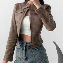 American INS High Street Retro Short Slim Motorcycle Jacket for Women in 2025 Autumn Vintage Color Leather Jacket and Suede Jacket thumbnail-4