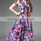 2016 New Spring/summer Women Europe High Quality V-neck Roses Printing Chiffon Dress Posed Long Skirt Waist thumbnail-3