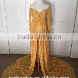 Gold Split Lace Off Shoulder Long Sleeves Maternity Gown Dress Pregnant Woman Mustard Lace Maxi Dress thumbnail-4
