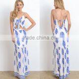 High Quality Summer Elegant Woman Sexy Long Dress Blue Printing Long Dress Chiffon New Style 2017 thumbnail-1