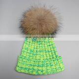 Stock hat fashion winter real big raccoon fur ball knitted beanie hat