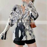 TWOTWINSTYLE Women's Shirts V Neck Flare Long Sleeve Pleated Tunic Large Size Casual Summer Blouses thumbnail-3