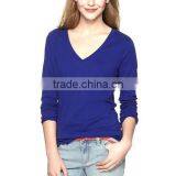 WOMEN BLANK ROYAL BLUE LONG SLEEVED V NECK T SHIRT