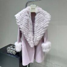 New Autumn and Winter Wool Double-sided Woolen Coat, Imported Fox Fur Collar Fur Silhouette Tie Coat, Medium Length thumbnail-2