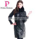 Winter Women Medium Length Slim Fit Leather Coat With Detachable Blue Fox Hat Overcoat
