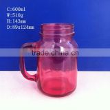 600ml paint colored red glass mason jar with handle for drinking