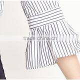 Women's Bell Sleeve Stripe Pattern Round Neck Pleated Blouse thumbnail-4