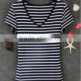 High Quality Woman Casual Shirts Striped Short Sleeve V Neck Cotton t Shirt Women Tops thumbnail-1