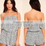 Summer off Shoulder Black and White Stripe Romper Women for Wholesale thumbnail-1