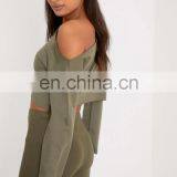 Custom High Quality Women 100% Polyester Khaki Off Shoulder Cropped Sweatshirts thumbnail-2