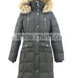 Women Winter Knee Length Rib Collar Duck Down Puffer Jacket With Fur Hood thumbnail-3
