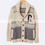 High Quality Boy's Jacquard Chunky Knit Warm Cardigan With Elegant Shawl Collar Off-white Sweater (BKNB01) thumbnail-1