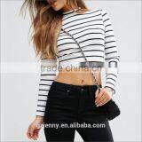European Style Sexy Women Round Neck White Long Sleeve Top Stripe Cropped T-shirt thumbnail-2