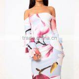 Ruffle Flare Sleeve Digital Floral Print off Shoulder Bodycon Bardot Dress thumbnail-4