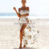 Boho Style Long Dress Women Fashion Off Shoulder Beach Summer Dresses Floral Print Vintage Chiffon White for Wholesale 2017 thumbnail-1
