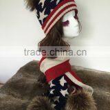 British and American Style Fashion Beanie Hat and Scarf Set With Natural Big Raccoon Fur Ball Decorate thumbnail-3