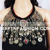 Designer Vintage Afghani Old Necklace Set -1960s Vintage Coin Afghan Necklace , Tribal Bellydance Set, Afghani Bohemian Set thumbnail-1