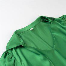 2025 Pleated Elastic Waist Shorts Women's French Fashion Satin Blouse Solid Color Tunic Top V-neck thumbnail-4