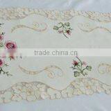 Satin Table Runner With Burgandy Flower Embroidery and Flower Edge Houseware Household Textile