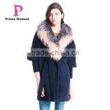 Autumn and Winter Length Seven Points Women Coat With Silver Fox Fur Collar Cashmere Overcoat