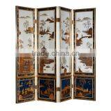 Elegant Gold Painted Wooden Floor Screen, Flower & Bird Design Decorative Curio Four Panel Folding Screen thumbnail-2