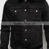 Black Denim Plain Fur Jacket Black Collar Windbreak Overcoat for Men thumbnail-3