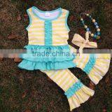 2016 New Hot Girls Yellow Strips Blue Capri Set Outfits With Matching Necklace and Headband thumbnail-1