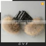 Genuine leather gloves lady winter gloves with fluffy raccoon fur fashion gloves