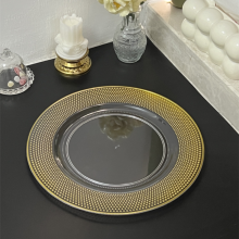 Decorative Wedding Dish Favor Round Clear Plastic Charger Plate With Gold Beads Rim thumbnail-1