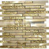 HG-CDT043 Strip Golden Grain Aluminium Mosaic Mix Foil Glass and Polish Marble Tiles thumbnail-1