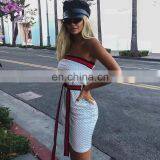 WISH Hot Sell Summer New Women's Off The Shoulder Contrast Waist Belt Backless Solid Party Wear Color Dress thumbnail-5