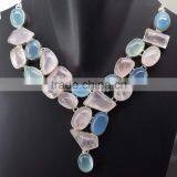 Rose Quartz, Chalcedony, Blue Onyx Necklace Plated 925 Sterling Silver 94 Gms 18-20 Inches thumbnail-1