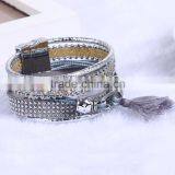 Multilayer Bohemian Leather Magnetic Charm Crystal Rhinestone Velvet Tassel Bracelet