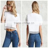 Woman Fashion White Color Short Sleeve Custom Crop Crochet Trim Top/Tee