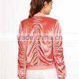 Women Zip Up Shirred Velvet Bomber Jacket Pink With Side Pockets Slim Fit Classic Shiny Jacket Coat thumbnail-2