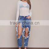 MGOO High Quality Tore Up Knee Women Blue Color Jeans Cotton Baggies In Fold Pants 2016 thumbnail-2