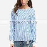 Blouses Latest Fashion Design Women Clothing Blue Striped Tie Back Backless Long Sleeve Blouse thumbnail-4