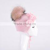 Baby Cotton Knit Hats With Fur Pompom Baby Hats With Chiffon Flowers KZ160094 thumbnail-3