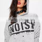 Grey Tie Hem Drawstring Cropped Hoodies Logo Print New Design Fashion Ruched Sleeve Hoodie For Women thumbnail-2